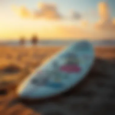 Artistic Surfboard on the Beach A colorful surfboard adorned with local art resting on the sand