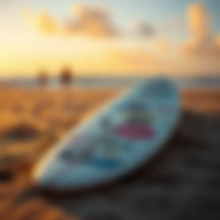 Artistic Surfboard on the Beach A colorful surfboard adorned with local art resting on the sand