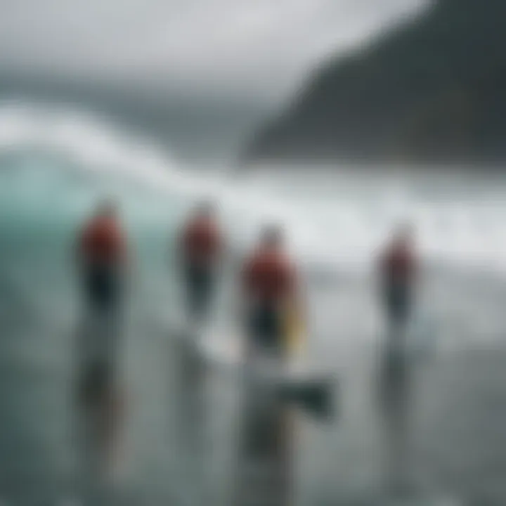 Group of surfers discussing conditions based on app data