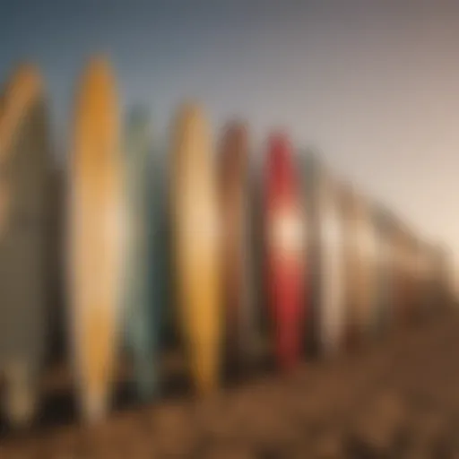 Vintage surfboard collection displayed against a sunset