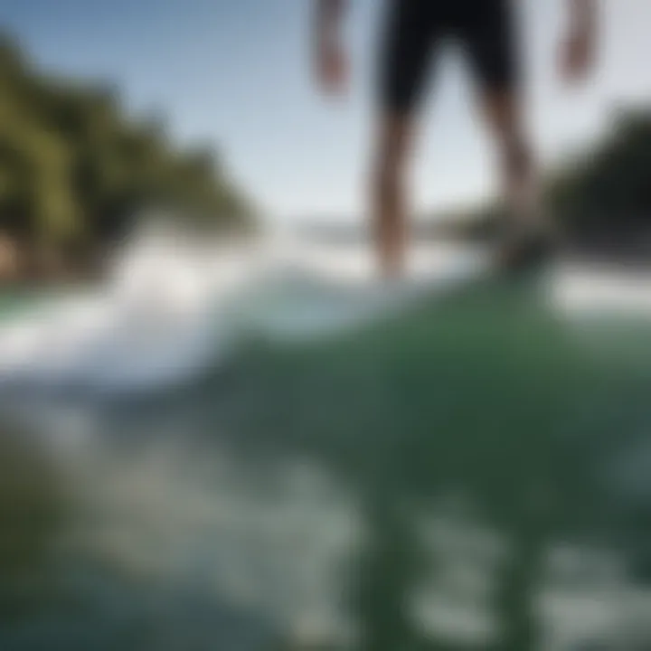 Close-up of wakesurf board dimensions illustrating buoyancy features.