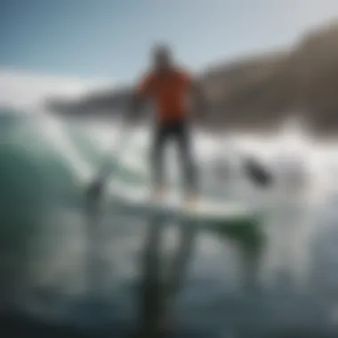 An action shot of a paddle boarder navigating through dynamic water waves.