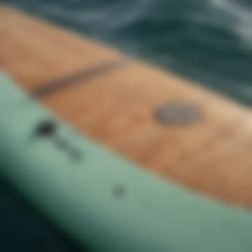 A close-up view of a paddle board showcasing its unique design and craftsmanship.