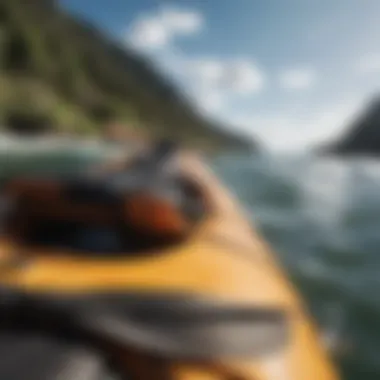 A close-up view of kayaking gear, including a paddle and life jacket.