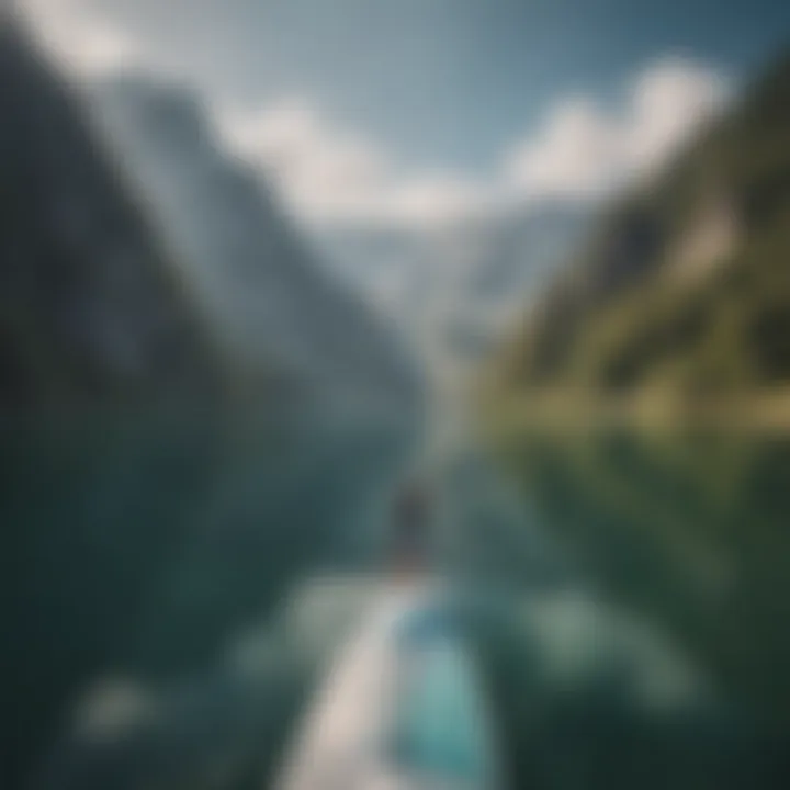 A serene scene of paddleboarding on a calm lake surrounded by mountains.