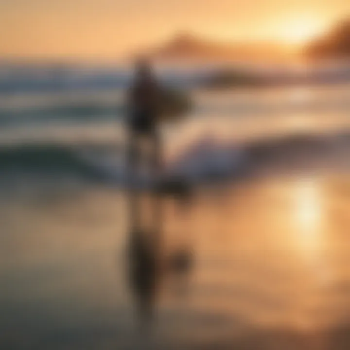 A vibrant sunset over a pristine beach with surfers catching waves.