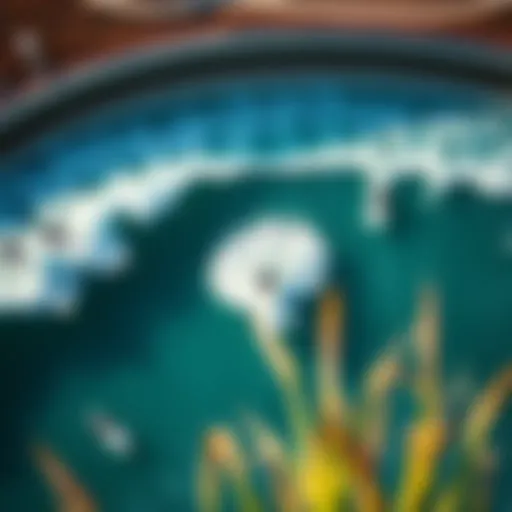 Aerial view of a wave pool with surfers catching artificial waves.