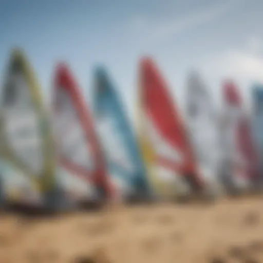 Different types of wind surf boards lined up on the beach