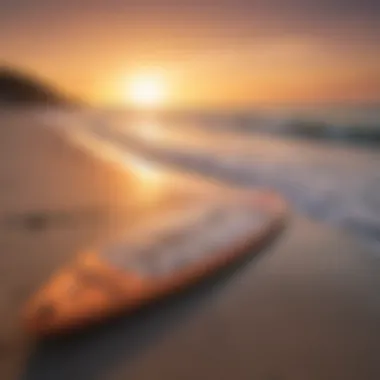 An eco-friendly foldable SUP paddle board on a beach with sunset