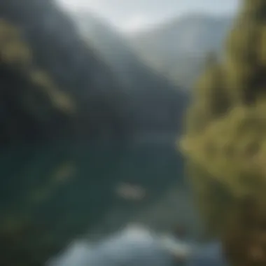 A scenic view of foldable SUP paddle boards on a tranquil lake