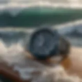 A G-Shock surf watch displayed on a surfboard against ocean waves