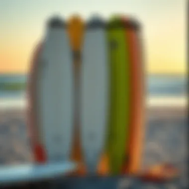An array of greenlight surfboards displayed against a serene beach backdrop