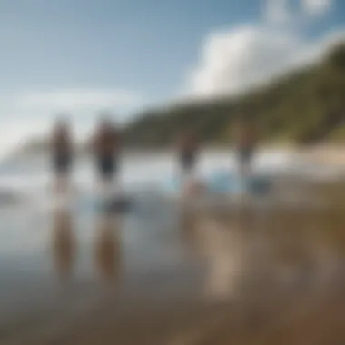 Group of stand-up boogie boarders enjoying a serene beach environment