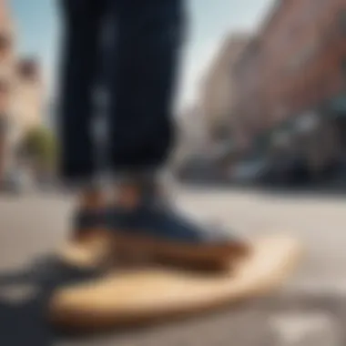 Skate shoes with gum soles against a vibrant urban backdrop