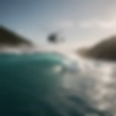 Dramatic aerial view of surfers riding waves in a remote location accessed by helicopter