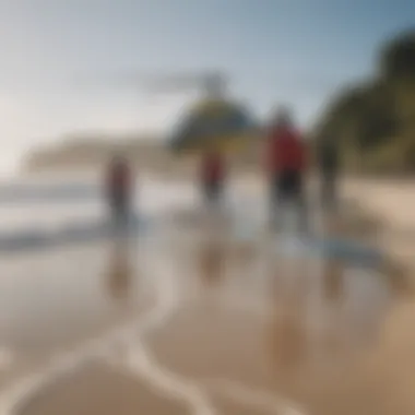 A group of surfers discussing strategies on the beach before a heli boarding session