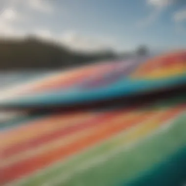 Close-up of surfboards prepared for heli boarding, showcasing vibrant colors and designs