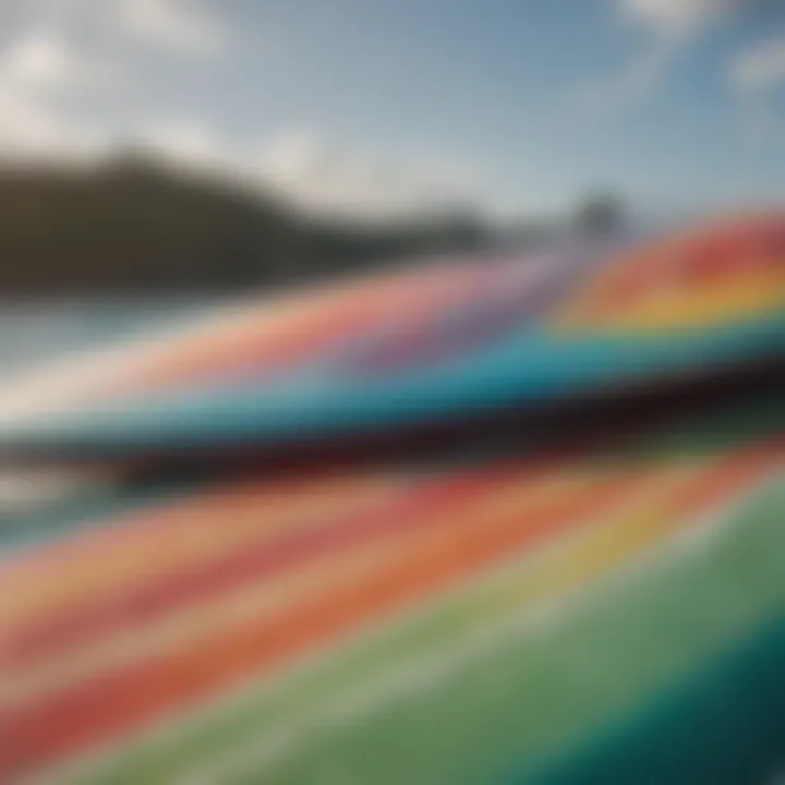 Close-up of surfboards prepared for heli boarding, showcasing vibrant colors and designs