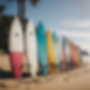 Surfboards lined up on the sandy shore