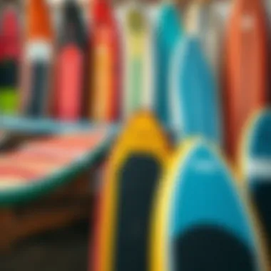 Different designs of inflatable paddle boards displayed