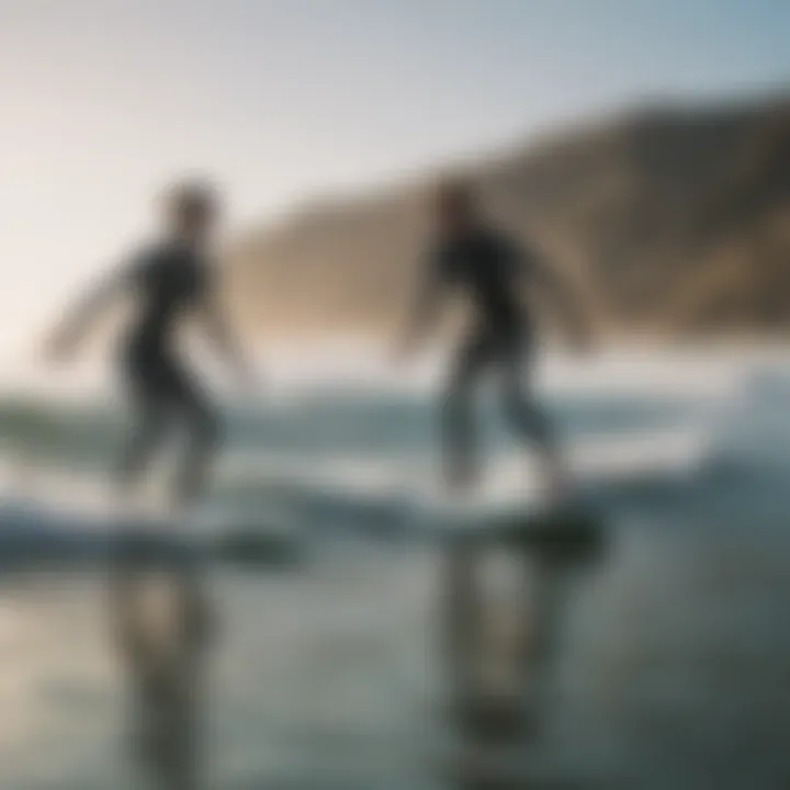 An experienced instructor guiding a novice surfer on the water