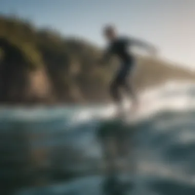 Surfer gliding above water on a hydrofoil board