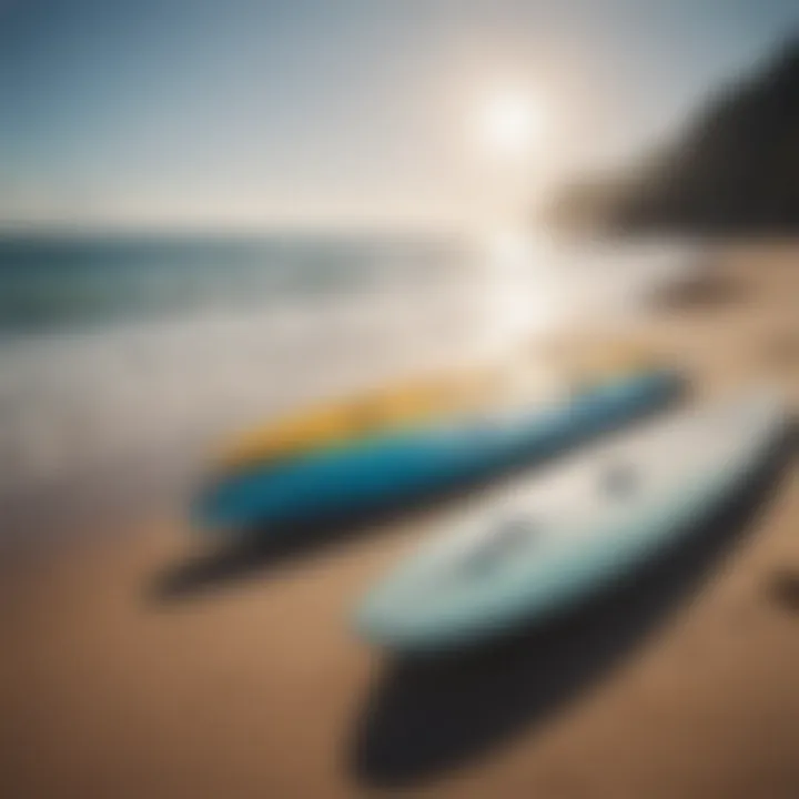 Overview of hydrofoil surfboards on a beach