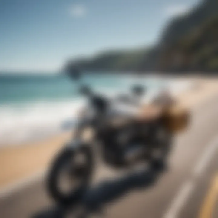 A sleek motorcycle equipped with a surfboard rack on a scenic coastal road.