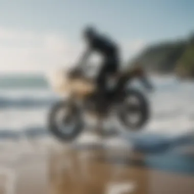 A rider securing a surfboard onto a motorcycle rack before hitting the waves.