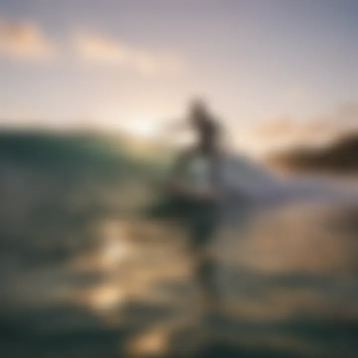 A surfer skillfully riding the waves at sunset