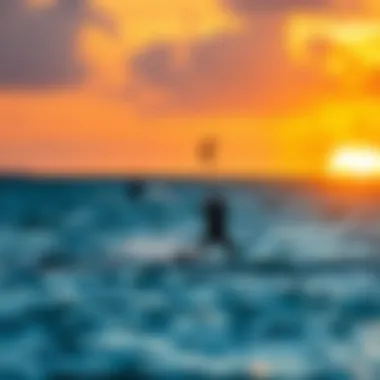Sunset view of kite surfers enjoying the water