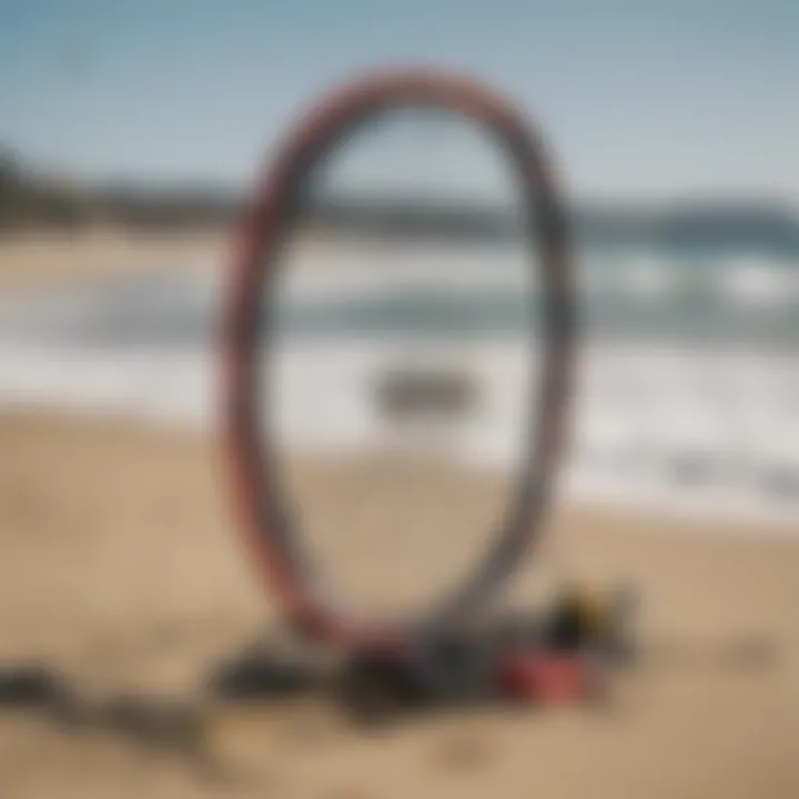 Essential kite surfing gear displayed on the beach.