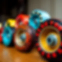 Close-up view of different longboard wheels showcasing their unique designs and colors