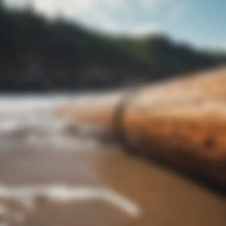 Close-up of a 7ft log surfboard resting on the beach