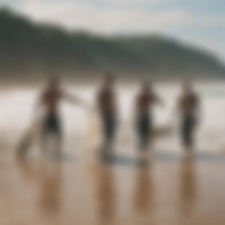 A group of surfers sharing tips and laughter on the beach