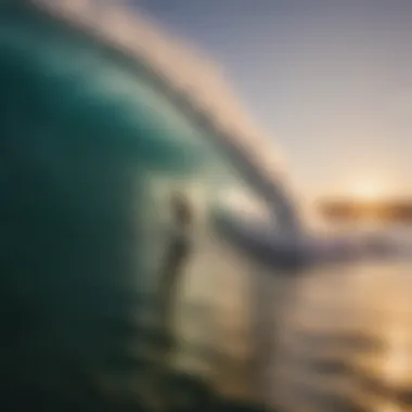 A surfer catching a perfect wave at sunset