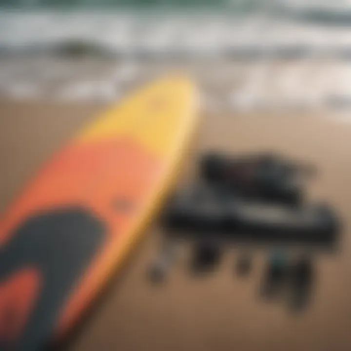 Close-up of essential surfing equipment laid out on the beach