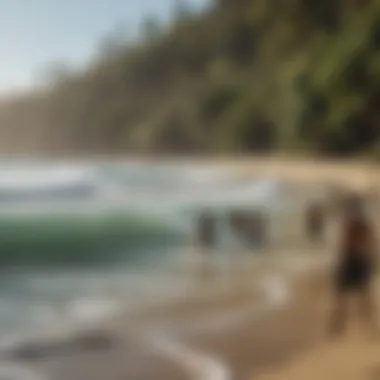 Local surfers gathered on the beach discussing techniques and stories