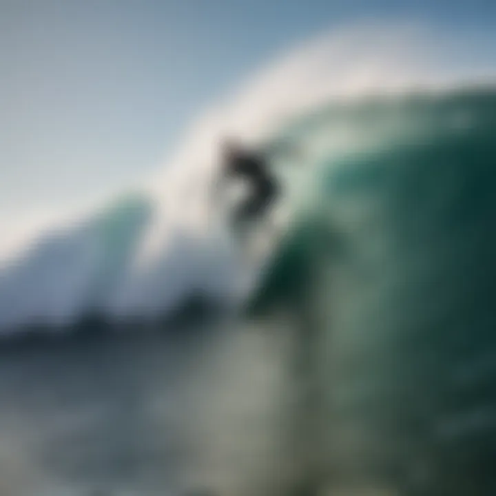 Surfer in motion riding a wave, with headphones on, illustrating the impact of music on surfing performance.