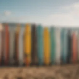 A collection of surfboards displayed on a vibrant beach