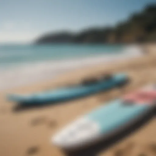 A diverse range of paddle boards displayed on a sunny beach