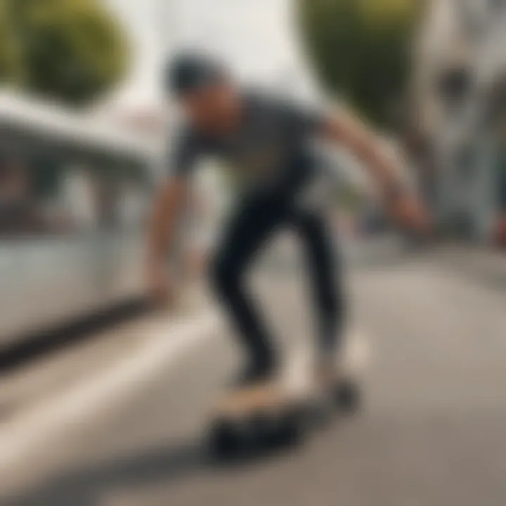 A rider effortlessly gliding on a cruiser board through an urban landscape