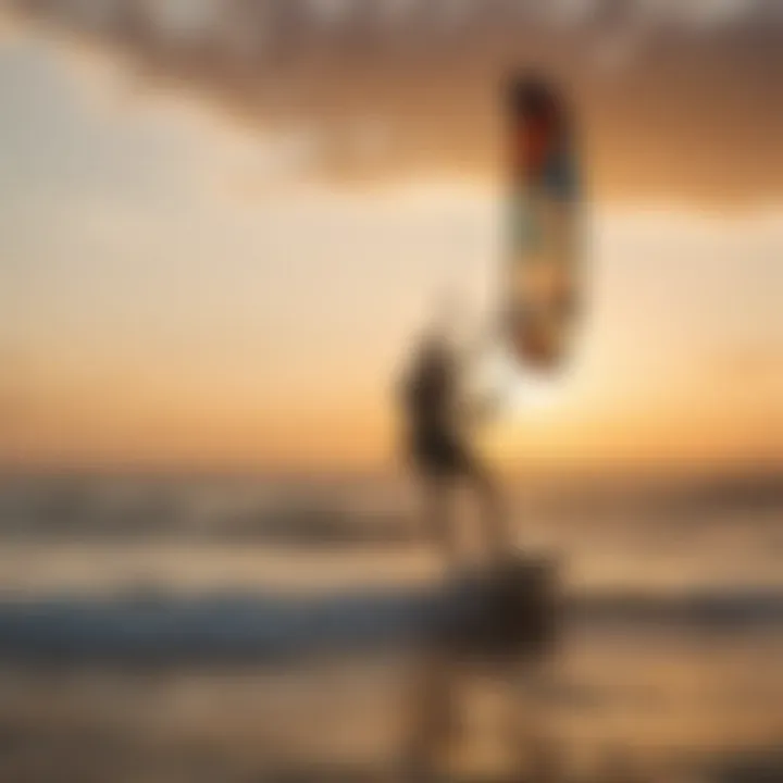 A serene beach setting with kiteboarders enjoying the sport at sunset