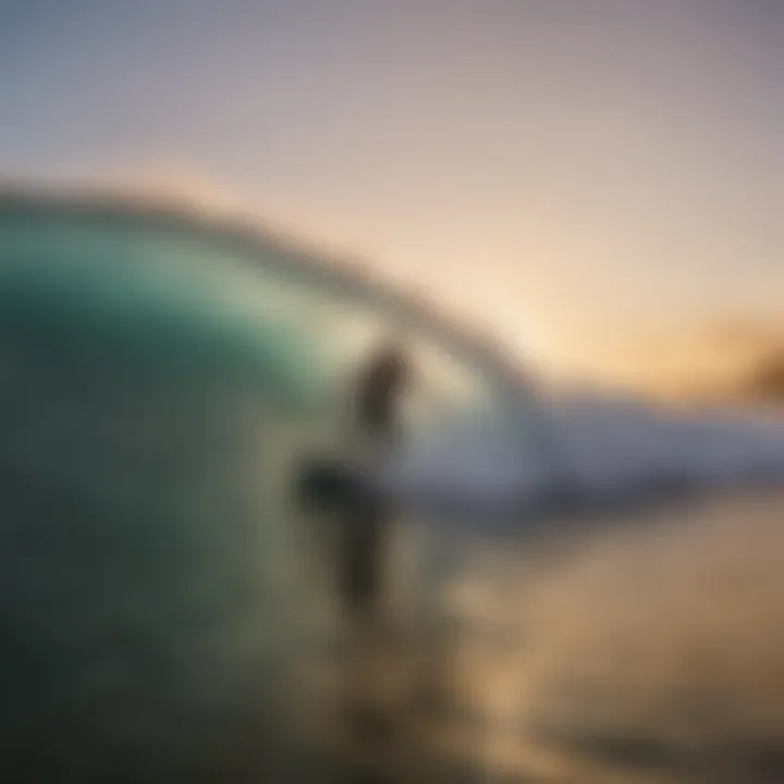 A skilled surfer riding the powerful waves of the North Shore during sunset