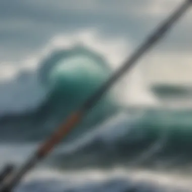 The Ocean Master Twelve surf casting rod displayed against a backdrop of crashing waves.