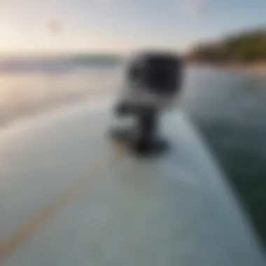 Close-up of a GoPro mount attached to a surfboard