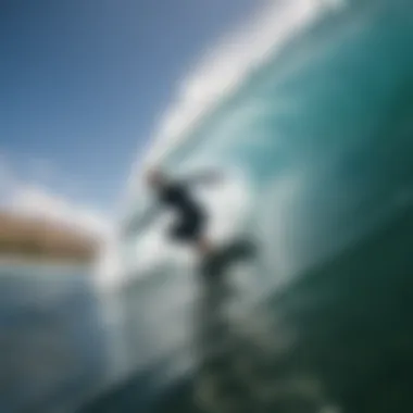 Surfer riding a wave with GoPro recording