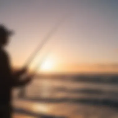 An angler casting a rod into the ocean during sunset