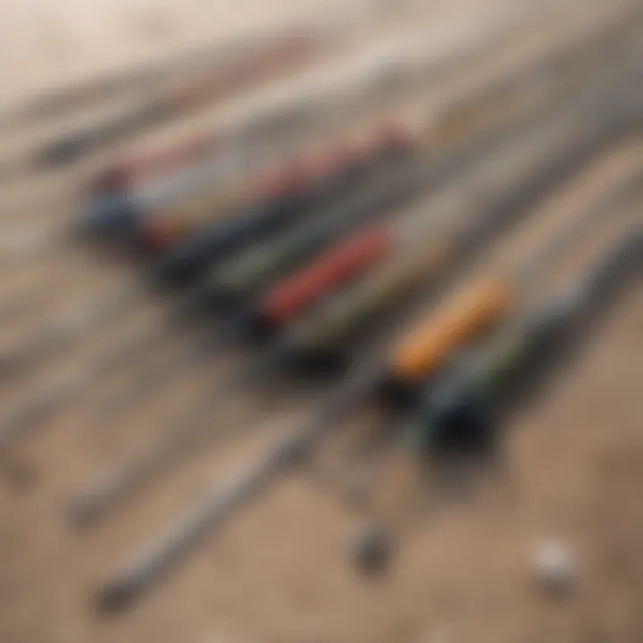 Various travel surf fishing rods laid out for comparison