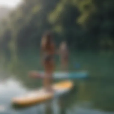 A vibrant scene showcasing paddle boarders practicing yoga on a tranquil lake